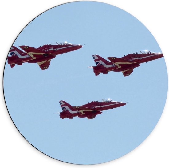 Dibond Wandcirkel - Rode Amerikaanse Vliegtuigen in de Lucht - 70x70cm Foto op Aluminium Wandcirkel (met ophangsysteem)
