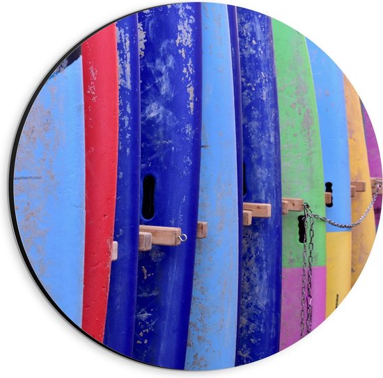 Dibond Wandcirkel - Verschillende Kleuren Surfborden - 20x20cm Foto op Aluminium Wandcirkel (met ophangsysteem)