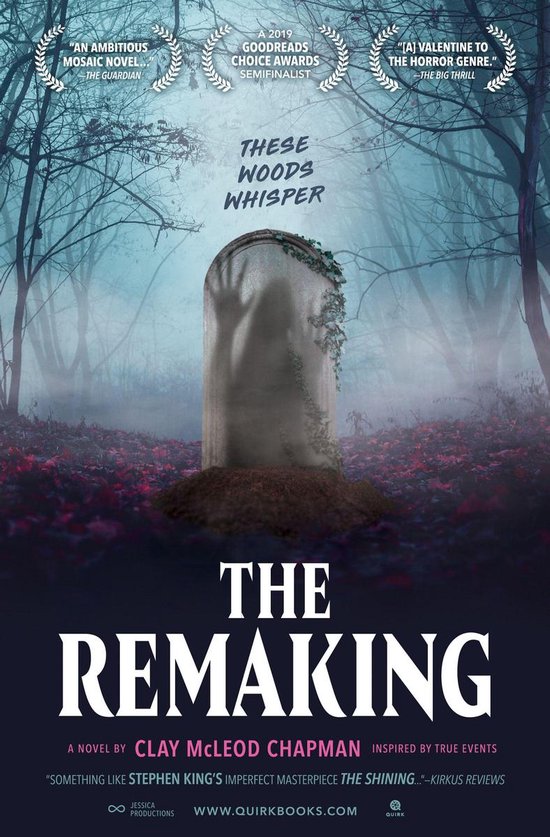 Boekomslag van 'The Remaking'. Een grafsteen in een bos, met een hand die eruit steekt. Tekst: These Woods Whisper, The Remaking.