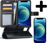 Hoes voor iPhone 12 Pro Hoesje Book Case Met Screenprotector Tempered Glass - Hoes voor iPhone 12 Pro Case Hoesje Cover - Hoes voor iPhone 12 Pro Hoes Wallet Case Hoesje - Zwart