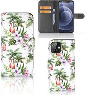 Telefoonhoesje iPhone 12 | 12 Pro (6.1") Flip Hoesje met naam Flamingo Palms
