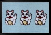 Deurmat Three Lucky Cats Wasbaar 30°C - lichtblauw 40x60 cm