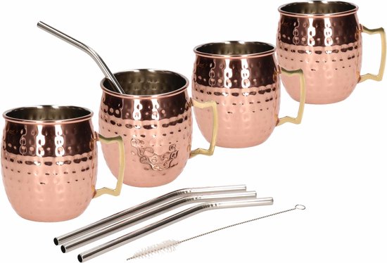 Moscow Mule cocktail set 4x cocktailbekers/cocktailglazen 450 ml gehamerd koper - Inclusief 4x RVS herbruikbare rietjes