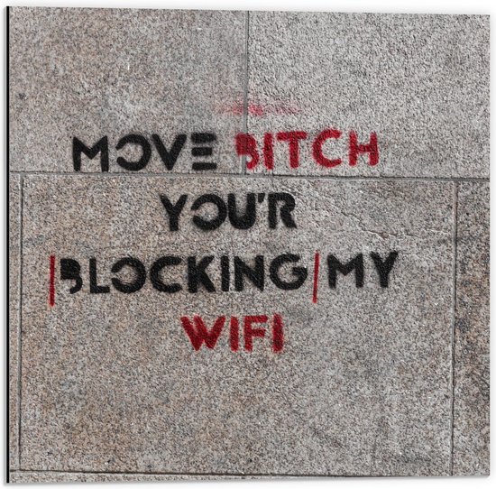 Dibond - Stoeptekst: ''Move Bitch, You''r Blocking My Wifi'' - 50x50cm Foto op Aluminium (Met Ophangsysteem)