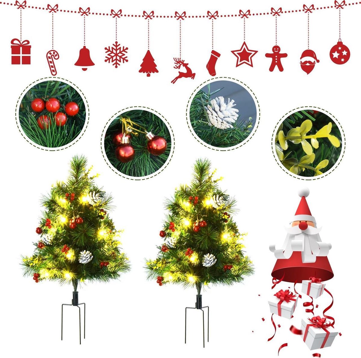 Kunstkerstboom met verlichting en decoratie - Set van 2 - Kerstboom met lampjes - Kerstballen - Kerstversiering - Binnen/Buiten – foto 7