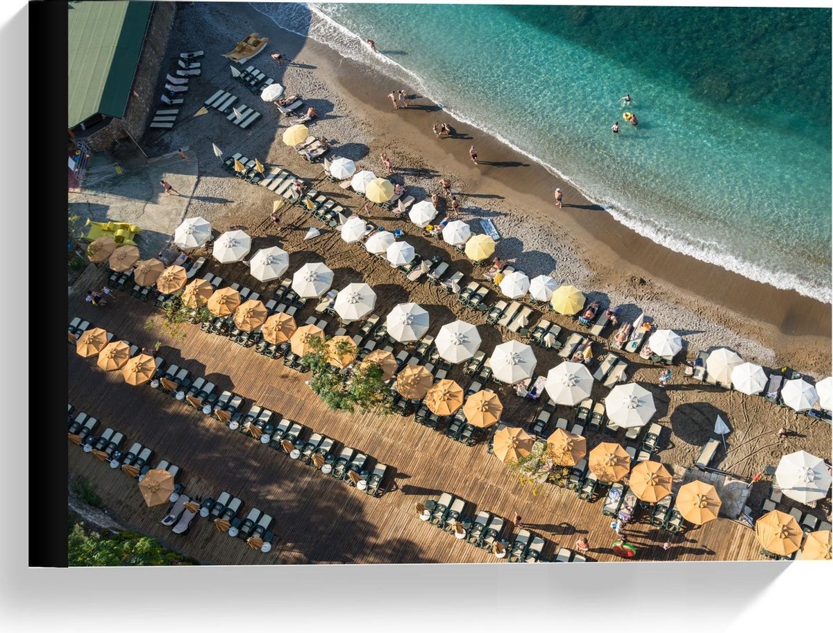 Canvas - Groot Strand met Parasols en Blauwe Zee - 40x30cm Foto op Canvas Schilderij (Wand