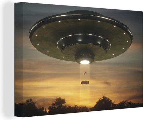 Canvas Schilderij Een illustratie van een UFO die een auto omhoog straalt - Jongens - Meisjes - Kinderen - Kindje - 120x80 cm - Wanddecoratie