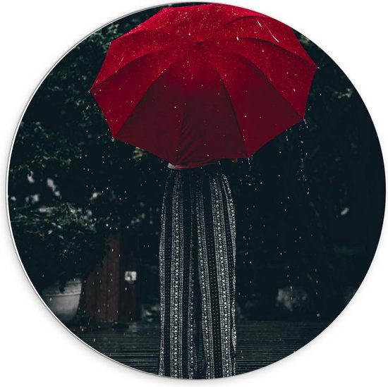 Forex Wandcirkel - Rode Paraplu in de Regen - Foto op Wandcirkel (met ophangsysteem)