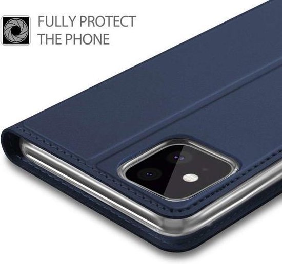 Étui de téléphone bleu, fermé, avec le texte "FULLY PROTECT THE PHONE".