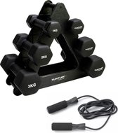 Tunturi - Dumbellset - Met Dumbell Opbergrek (3 sets - 1 t/m 3 kg) - Springtouw - Rubbere Handvaten