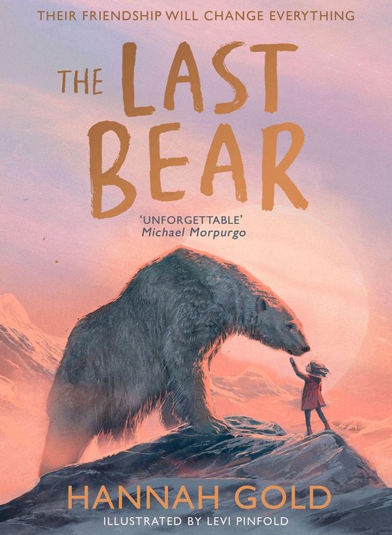 Couverture du livre 'The Last Bear' avec une fille en manteau rouge rencontrant un ours polaire sur une montagne enneigée. Le titre est en lettres dorées.