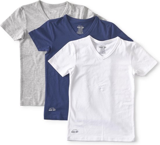 Little Label - v-neck t-shirt 3-pack - grijs blauw wit 86-92 - maat: 92 - bio-katoen
