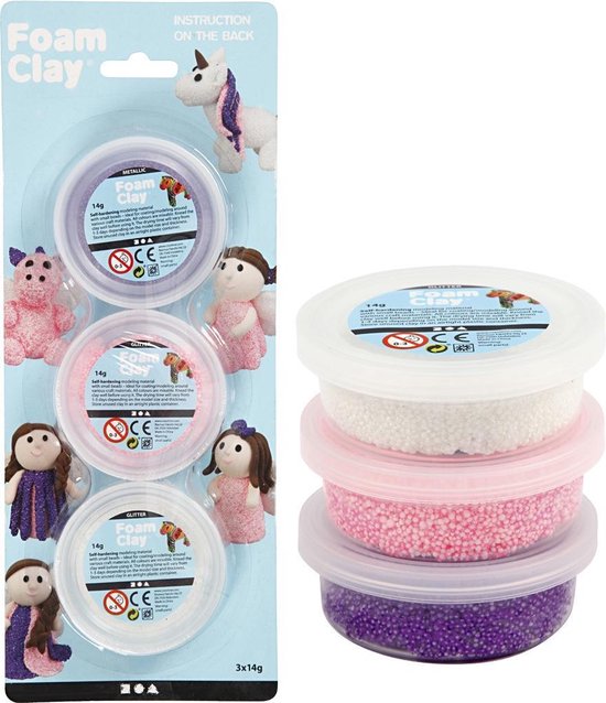 Foam Clay® Sets , wit, paars, roze, metallic en glitter, 3x14gr