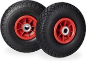 Relaxdays steekwagenwiel 2 stuks - 3.00-4 - rubberband - kogellager - 80 kg - 20 mm as - zwart-rood