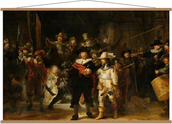 Schoolplaat – Oude Meesters - Nachtwacht, Schutters van wijk II, Rembrandt van Rijn - 150x100cm Foto op Textielposter (Wanddecoratie op Schoolplaat)