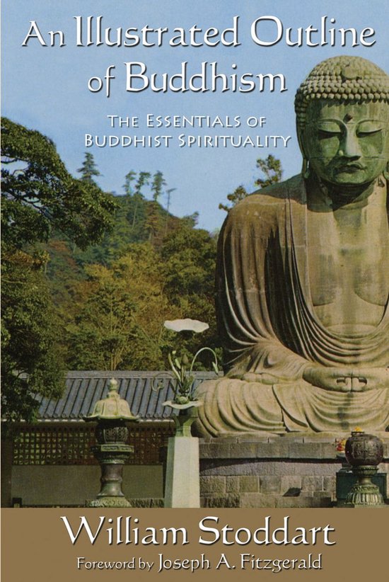 Boek "An Illustrated Outline of Buddhism" met een illustratie van een Boeddhabeeld en de titel.