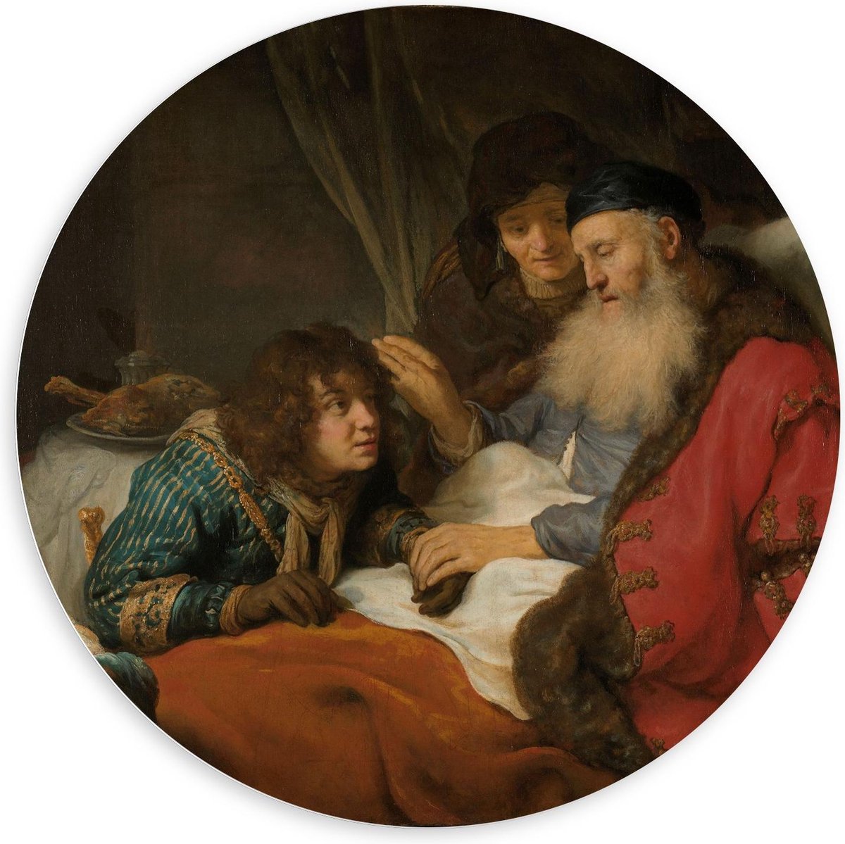 KuijsFotoprint Schilderij - Oude Meesters Isaak Zegent Jakob. Govert Flinck. Ca. - Wit, Bruin En Rood - 100 X 100 Cm