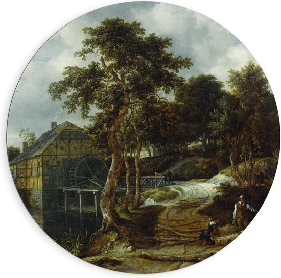 Dibond Wandcirkel - Oude Meesters - Landschap met watermolen, Jacob Isaacksz van Ruisdael - 90x90cm Foto op Aluminium Wandcirkel (met ophangsysteem)