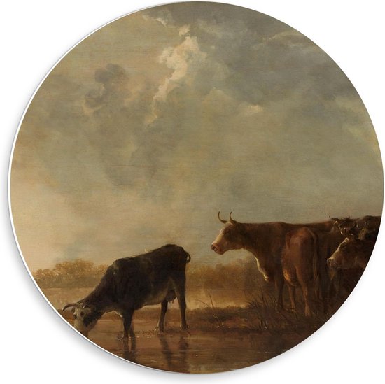 Forex Wandcirkel - Oude Meesters - Rivierlandschap met koeien, Aelbert Cuyp, 1640 - 1650 - 50x50cm Foto op Wandcirkel (met ophangsysteem)