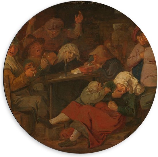 Dibond Wandcirkel - Oude Meesters - Boerendrinkpartij, Adriaen Brouwer, 1620 - 1630 - 60x60cm Foto op Aluminium Wandcirkel (met ophangsysteem)