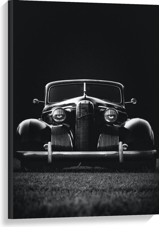 Canvas  - Voorkant Oude Auto (zwart/wit) - 60x90cm Foto op Canvas Schilderij (Wanddecoratie op Canvas)