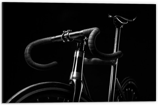 Dibond - Stuur Wielrenfiets op Zwarte Achtergrond  - 60x40cm Foto op Aluminium (Wanddecoratie van metaal)
