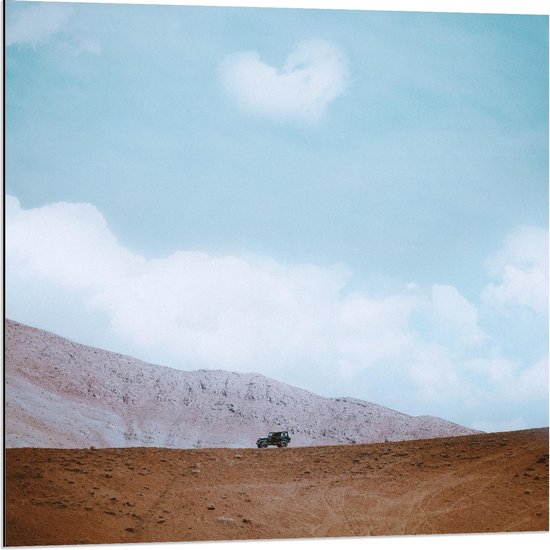 Dibond - Auto in de Woestijn met Blauwe Lucht - 80x80cm Foto op Aluminium (Met Ophangsysteem)