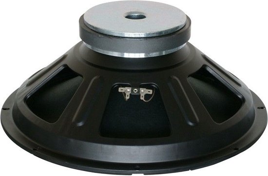 Skytec SP1500 15 inch speakerchassis, achterkant met zilveren magneet en zwarte mand.