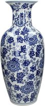 SVJ Home Decorations Vasa Vaas Porcelain Blue Flowers - H 61 x Ø 26.5 cm - Wit & Blauw - Porselein
