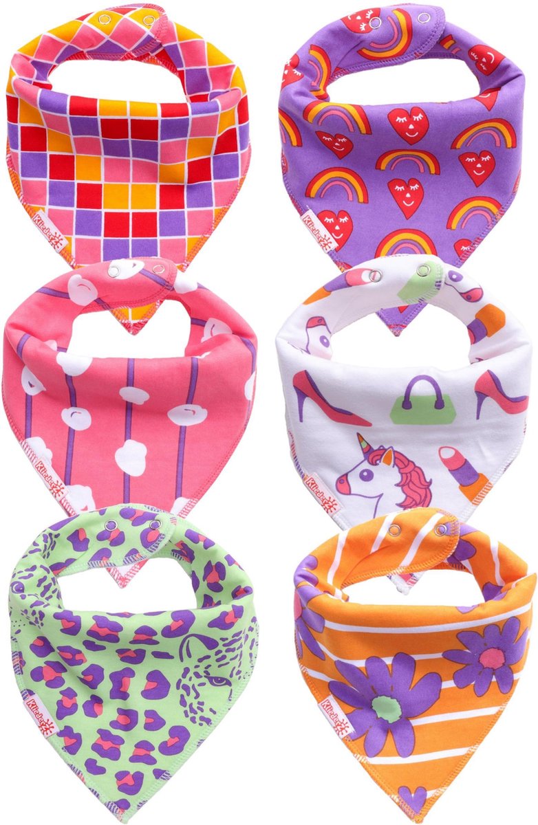 Goedkoopste Bandana slabbetjes baby KliederZ | Kleurrijke kwijl slabben Meisjes | 6 stuks Puntslabbers Luipaard Unicorn print | BB05