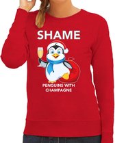 Pinguin Kerstsweater / foute Kersttrui Shame penguins with champagne rood voor dames - Kerstkleding / Christmas outfit L