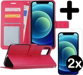 Hoesje Geschikt voor iPhone 12 Pro Hoesje Book Case Hoes Portemonnee Cover Walletcase Met 2x Screenprotector - Hoes Geschikt voor iPhone 12 Pro Hoes Bookcase Hoesje - Donkerroze