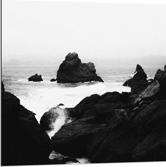 Dibond - Zee met Rotsen (zwart/wit) - 80x80cm Foto op Aluminium (Wanddecoratie van metaal)