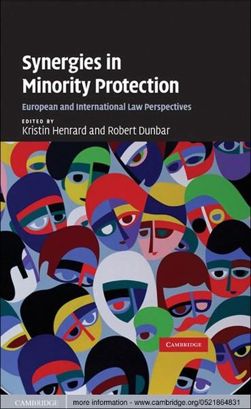 Boekomslag 'Synergies in Minority Protection'. Abstracte gezichten met gekleurde hoofden, ogen en neuzen.