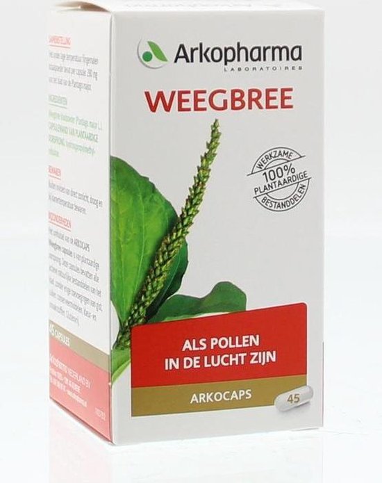 Doosje Arkocaps Weegbree, met de tekst 'Als pollen in de lucht zijn', afbeelding van weegbree en Nederlandse tekst.