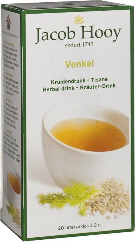 Doos Jacob Hooy Venkel kruidendrank met kopje thee en venkelplant.