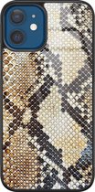 iPhone 12 hoesje glass - Snake / Slangenprint bruin | Apple iPhone 12  case | Hardcase backcover zwart
