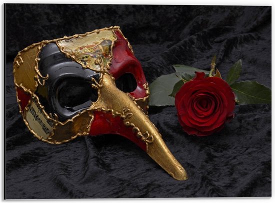 Dibond - Goud/Rood Masker met Rode Roos - 40x30cm Foto op Aluminium (Wanddecoratie van metaal)