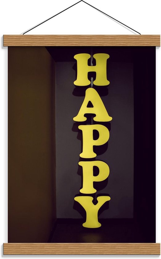 Schoolplaat – Verticaal Gele Letters: ''Happy'' - 30x40cm Foto op Textielposter (Wanddecoratie op Schoolplaat)
