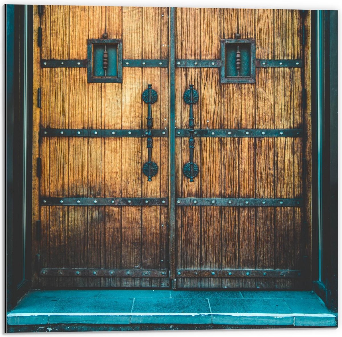 Dibond - Houten Voordeuren - 50x50cm Foto op Aluminium (Met Ophangsysteem)