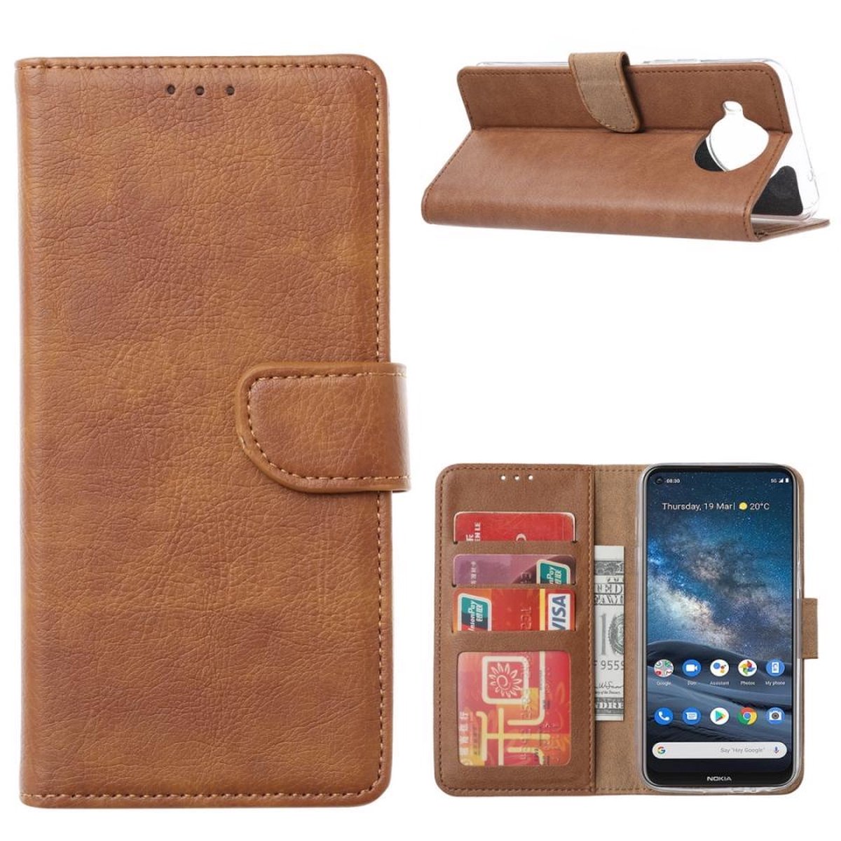 Bookcase Geschikt voor: Nokia 8.3 - Lichtbruin - portemonee hoesje