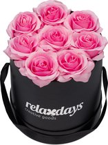 Relaxdays flowerbox zwart - 8 kunstrozen - rozenbox - bloemendoos - rozen in doos - rond - roze