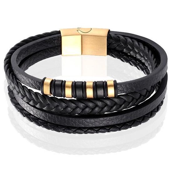 Foto: Leren heren armband multi mendes edelstaal goudkleurig zwart 21cm