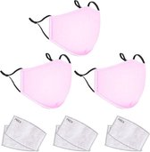 Mondkapje met filter 3 stuks Herbruikbaar gezichtsmasker met filter - Ademend, wasbaar en verstelbaar gezichtsmasker - PLUS X10 PM2.5-filters - Unisex (licht roze)