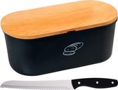 Boîte à pain noire avec couvercle en planche à découper en bambou et couteau à pain noir/argent 18 x 34 x 14 cm - Récipient à pain avec couteau dentelé