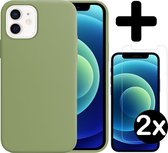 Hoesje Geschikt voor iPhone 12 Hoesje Siliconen Case Hoes Met 2x Screenprotector - Hoes Geschikt voor iPhone 12 Hoes Cover Case - Groen