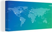 Canvas Wereldkaart - 80x40 - Wanddecoratie Wereldkaart - Reizen - Blauw