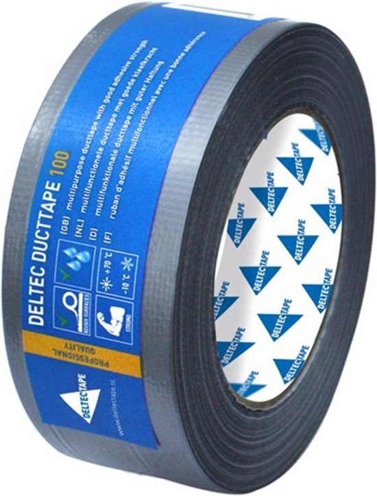 Rol grijze DELTEC DUCTTAPE 100 met blauwe en gele opdruk, met tekst en symbolen.
