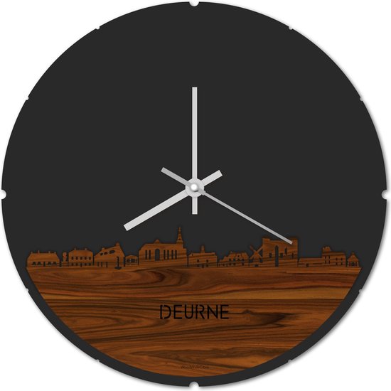 Skyline Klok Rond Deurne Palissander hout - Ø 44 cm - Stil uurwerk - Wanddecoratie - Meer steden beschikbaar - Woonkamer idee - Woondecoratie - City Art - Steden kunst - Cadeau voor hem - Cadeau voor haar - Jubileum - Trouwerij - Housewarming -