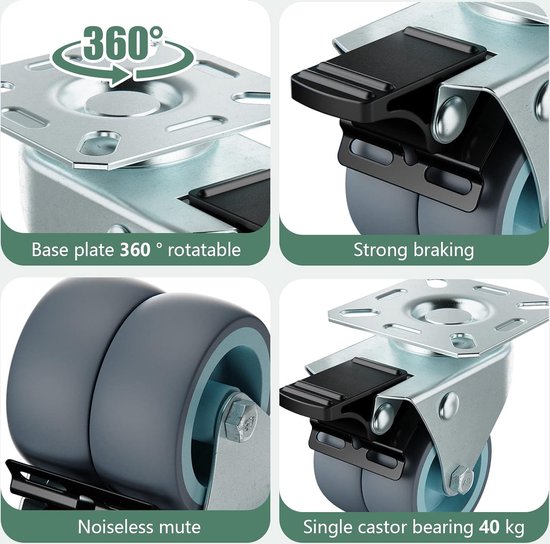 QWORK® 4 Stuks 100mm Zwaarlast Wielen Tot 70 Kg Per Wiel Schokdempende Zwenkwielen Voor Meubeltransport En Industrieel Transport 2 2 Geremde Wielen 682714334 QWORK® 4 Stuks 100mm Zwaarlast Wielen Tot 70 Kg Per Wiel Schokdempende Zwenkwielen Voor Meubeltransport En Industrieel Transport 2 2 Geremde Wielen 682714334